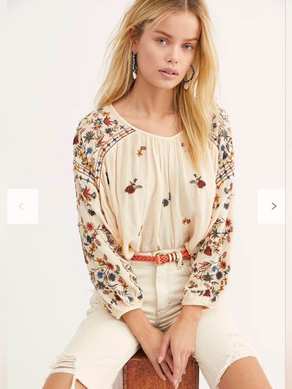 Free People Cream Embroidered Boho Blouse with Multi-Color Floral Sleeve